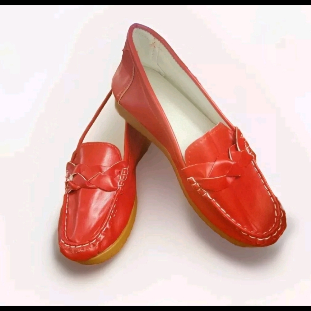 Solsagn G Red Loafers ruby red faux leather slip/slide on shoes small wedge heel